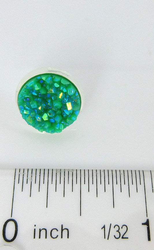 Peaches and Green Trio Silver-tone Stud Earrings 12mm Nude Coral AB Faux Druzy Stone Set