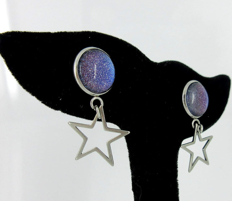 Stainless Steel Blue Galaxy Glitter Glass Stud and Star Drop Earrings