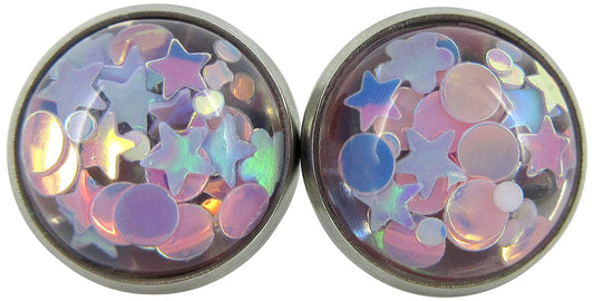Stainless Steel Glitter Resin Globe Stud Earrings 12mm (Lilac)