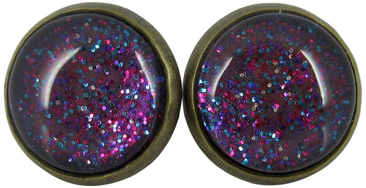 Antiqued Gold-tone Blue Purple Pink Glitter Glass Stud Earrings Hand-painted