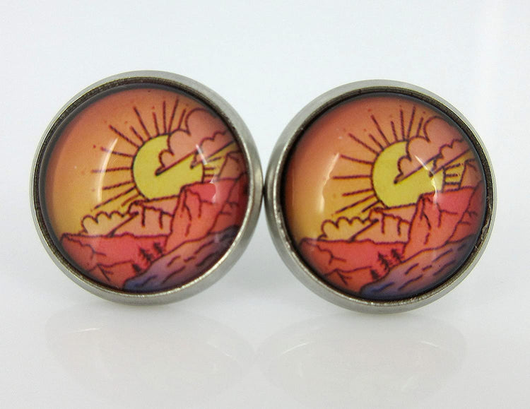 Stainless Steel Vintage Sunrise Print Glass Stud Earrings 12mm