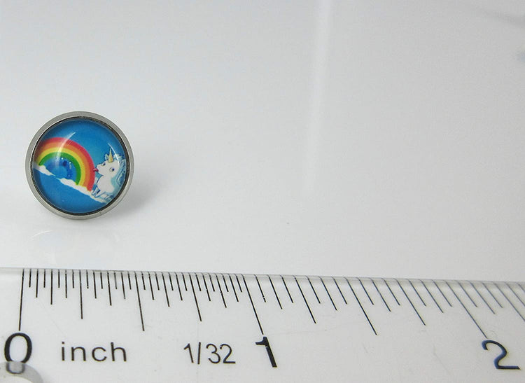 Stainless Steel Unicorn Licking Rainbow Print Glass Stud Earrings 12mm