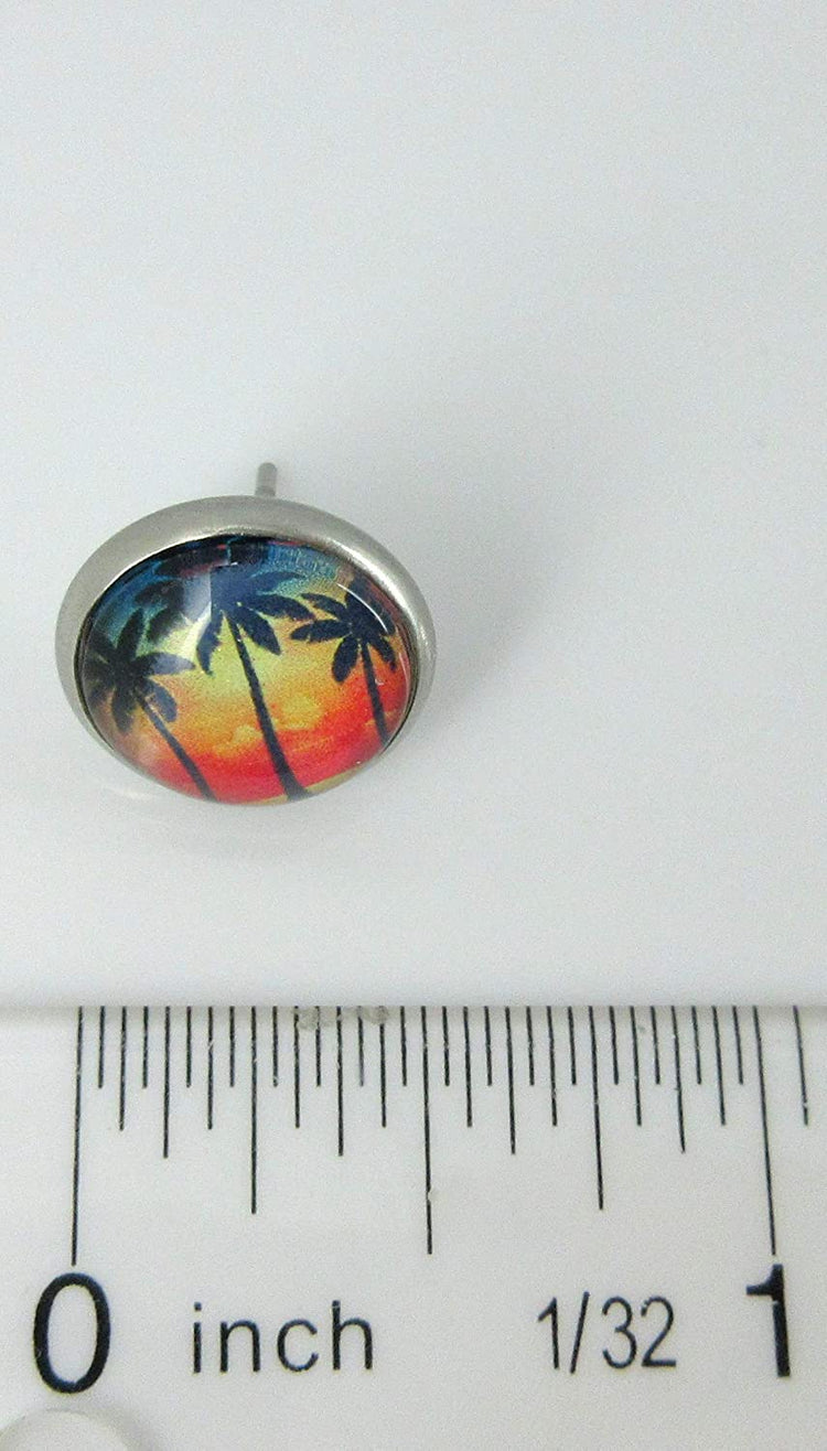Stainless Steel Tropical Sunset Palm Tree Print Glass Stud Earrings 12mm