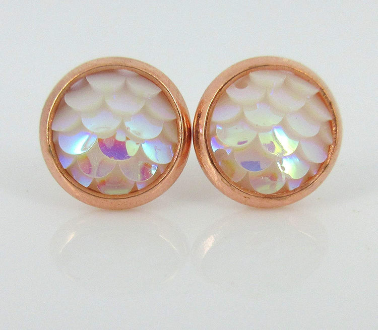 Rose Gold-tone Light Pink White AB Mermaid Scale Stud Earrings Dragon (8mm)