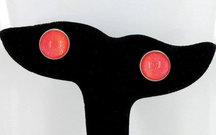 Silver-tone Coral Iridescent Glitter Glass Stud Earrings Hand-painted 12mm