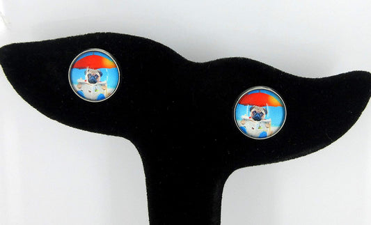 Stainless Steel Pug Dog on the Beach Print Glass Stud Earrings 12mm