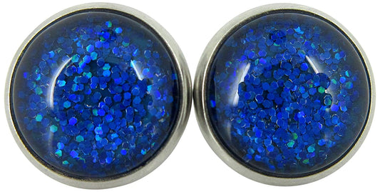 Stainless Steel Royal Blue Glitter Glass Stud Earrings Hand-painted 12mm