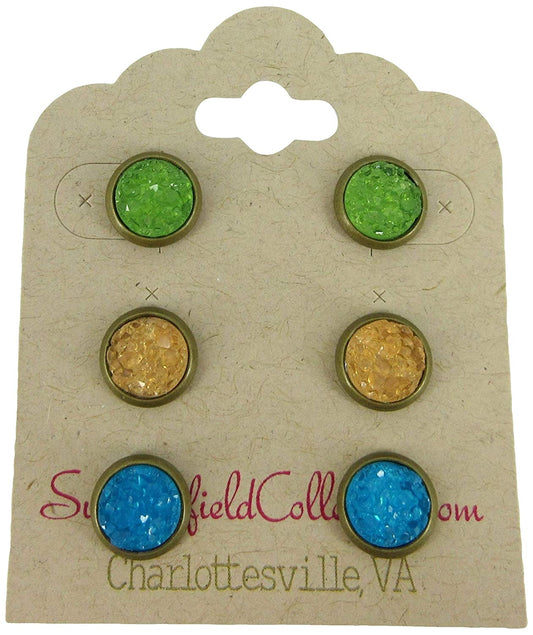 Trio Antiqued Gold-tone Stud Earrings 8mm Teal Pink Navy Blue Faux Druzy Stone Set (Green/Yellow/Blue)