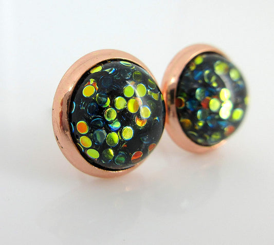 Rose Gold-tone Black and Green Iridescent Glitter Resin Stud Earrings 10mm