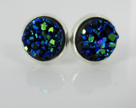 Trio Silver-tone Stud Earrings 8mm White Blue Black Faux Druzy Stone Set