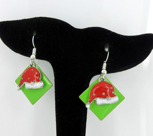 Silver-tone Green Enamel Santa Hat Charm Dangle Earrings