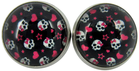 Stainless Steel Neon Pink Black White Skull Print Glass Stud Earrings 12mm