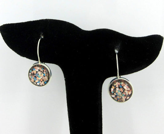 Silver-tone Black and Multi-Color Confetti Glitter Glass Lever-back Drop Earrings Hand-painted