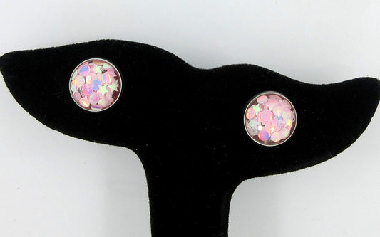 Stainless Steel Glitter Resin Globe Stud Earrings 12mm Ballet Pink