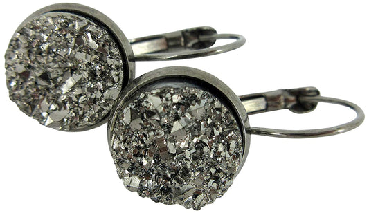Hematite-tone Gunmetal Gray Faux Druzy Stone Lever-back Drop Earrings 12mm