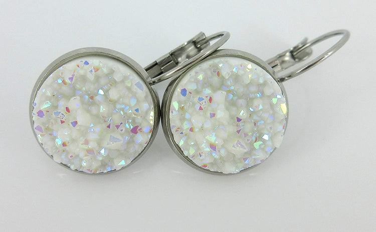Stainless Steel White AB Faux Druzy Stone Lever-back Drop Earrings 14mm