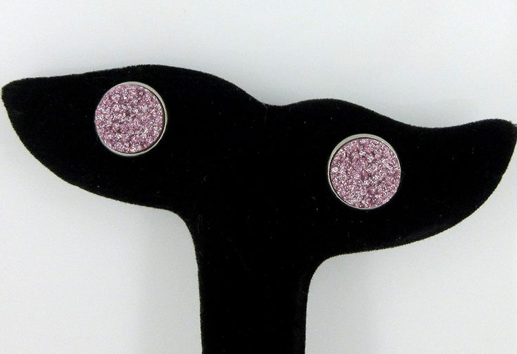 Duo Stud Earrings Stainless Steel Lilac Purple and Aqua Blue Glitter Faux Druzy Stone 12mm Set