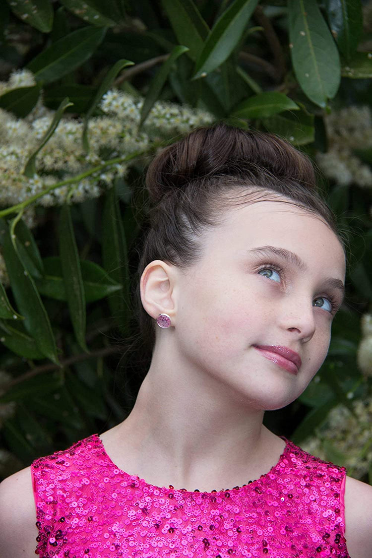 Silver-tone Pink and Purple Iridescent Glitter Glass Stud Earrings Hand-painted 12mm