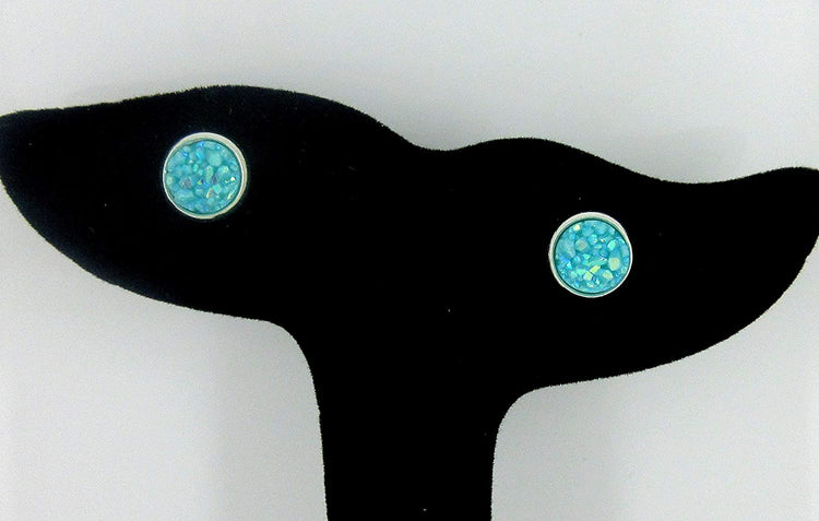 Duo Silver-tone Faux Druzy Stone Stud Earrings 8mm Set (Aqua Blue/Deep Pink AB)