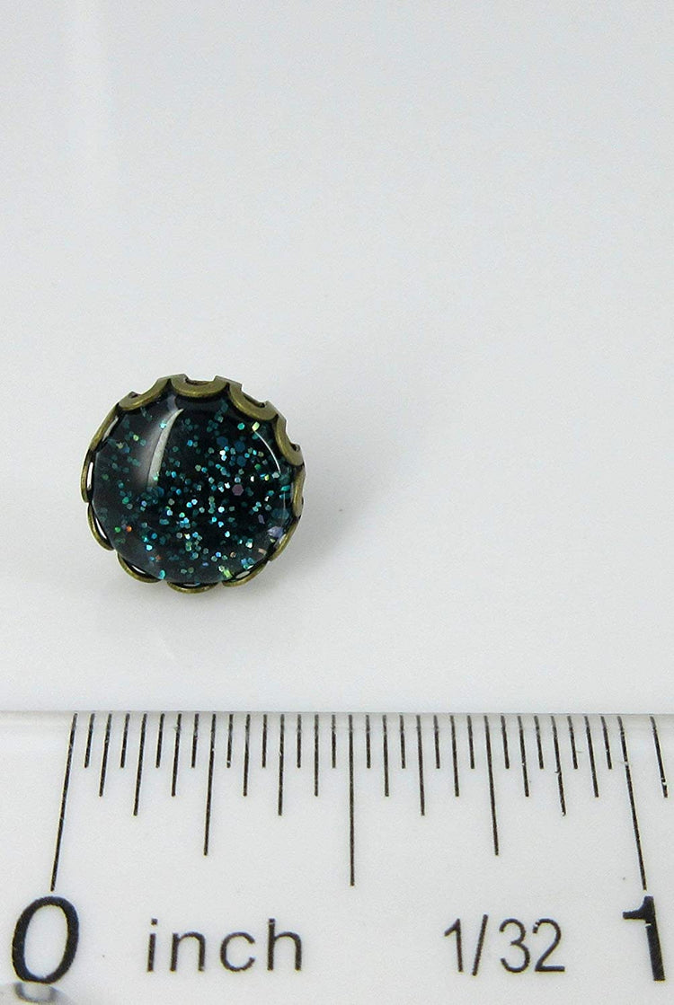 Antiqued Gold-tone Dark Teal Green Glitter Glass Stud Earrings Hand-painted 10mm