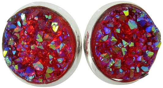 Silver-tone Translucent AB Faux Druzy Stone Stud Earrings 12mm (Raspberry)