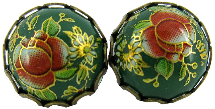 Antiqued Gold-tone Floral Print Stud Earrings 12mm