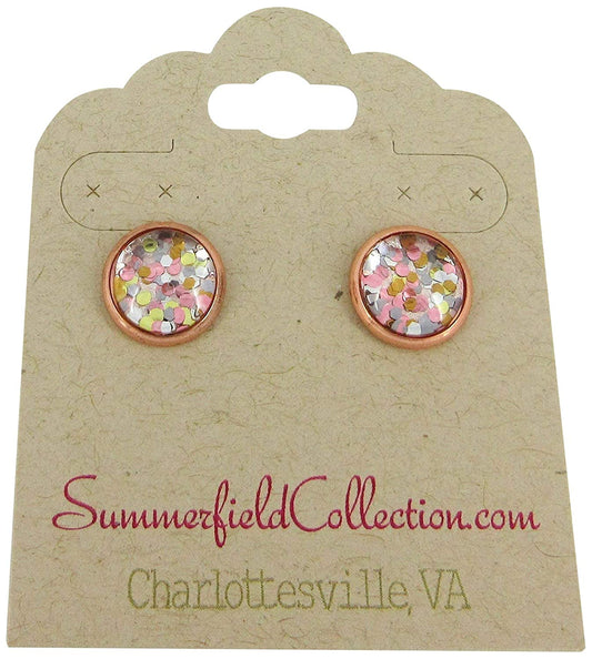 Rose Gold-tone Pearly Silver and 5 Metal Glitter Glass Stud Earrings Hand-painted 10mm