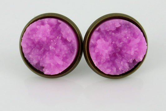 Trio Antiqued Gold-tone Purple Faux Druzy Stone Stud Earrings Set 12mm