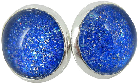 Silver-tone Cobalt Blue Holographic Glitter Glass Stud Earrings Hand-painted 12mm
