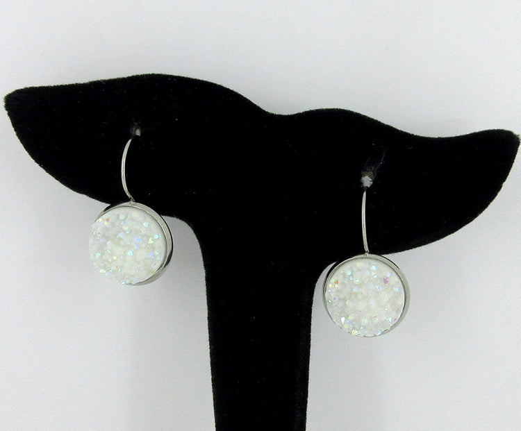 Stainless Steel White AB Faux Druzy Stone Lever-back Drop Earrings 14mm