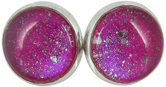 Silver-tone Magenta Pink Twinkle Glitter Glass Galaxy Stud Earrings Hand-painted 12mm