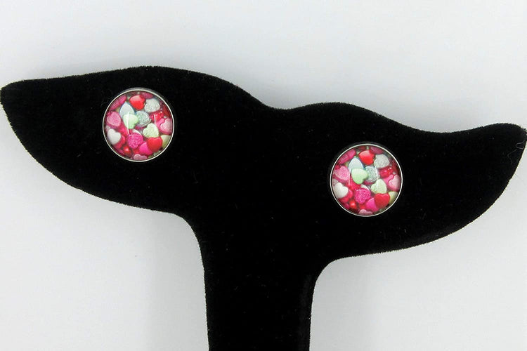 Stainless Steel Heart Print Glass Stud Earrings 12mm