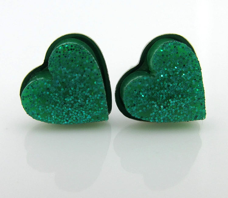 Stainless Steel Teal Blue Green Glitter Acrylic Heart Stud Earrings 8mm