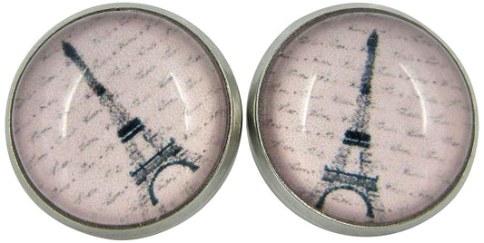 Stainless Steel Eiffel Tower Print Glass Stud Earrings 12mm Pink Black