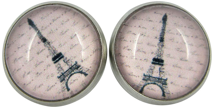 Stainless Steel Eiffel Tower Print Glass Stud Earrings 12mm Pink Black