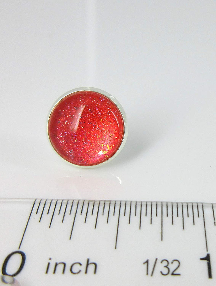 Silver-tone Coral Iridescent Glitter Glass Stud Earrings Hand-painted 12mm