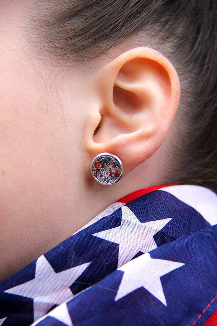 Silver-tone Patriotic Glitter Glass Stud Earrings Hand-painted 12mm