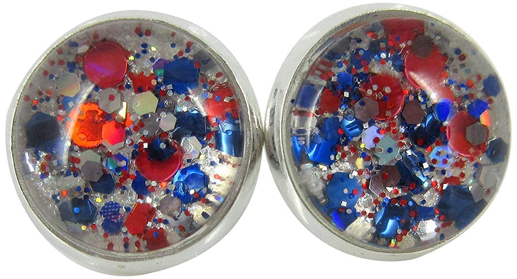 Silver-tone Patriotic Glitter Glass Stud Earrings Hand-painted 12mm