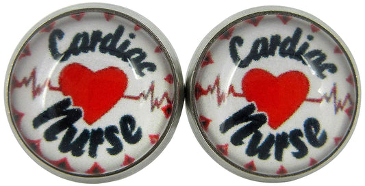 Stainless Steel Cardiac Nurse Print Glass Stud Earrings 12mm White Black Red