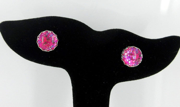 Silver-tone Hot Pink Glitter Glass Stud Earrings Hand-painted 10mm