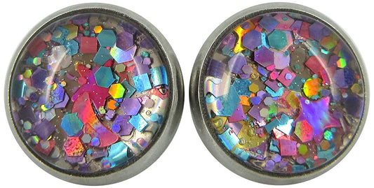 Stainless Steel Metallic Pastel Glitter Glass Stud Earrings Hand-painted 10mm