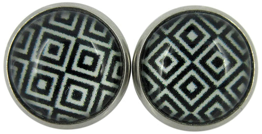 Stainless Steel Black and White Geometric Print Glass Stud Earrings 12mm