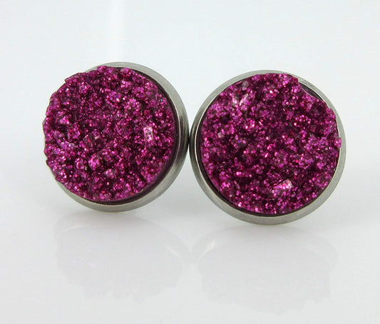 Stainless Steel Pink and Purple Glitter Faux Druzy Stone Stud Trio Earrings Set