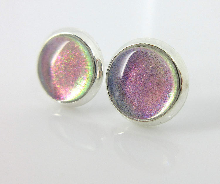 Silver-tone Pastel Purple Color Shift Glitter Glass Stud Earrings Hand-painted 8mm