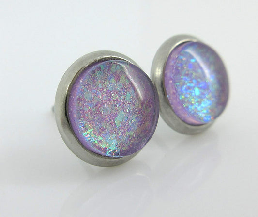 Stainless Steel Lavender Purple Glitter Flake Glass Stud Earrings Hand-painted 8mm