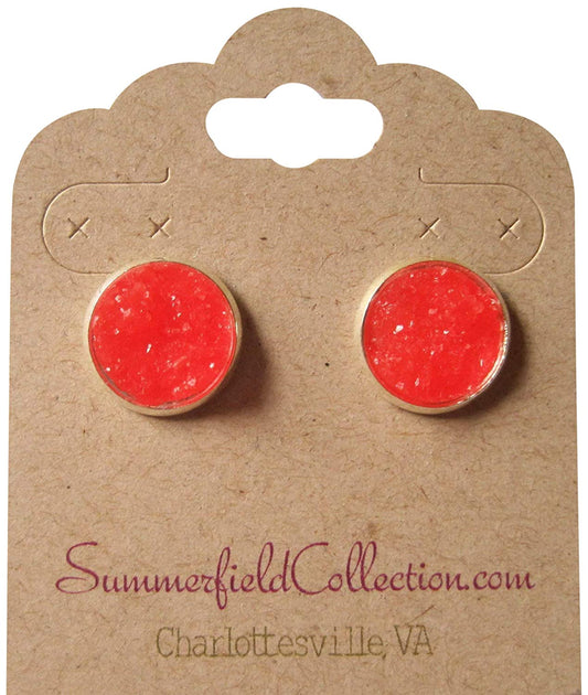 Silver-tone Bright Cherry Red Faux Druzy Stone Stud Earrings 12mm