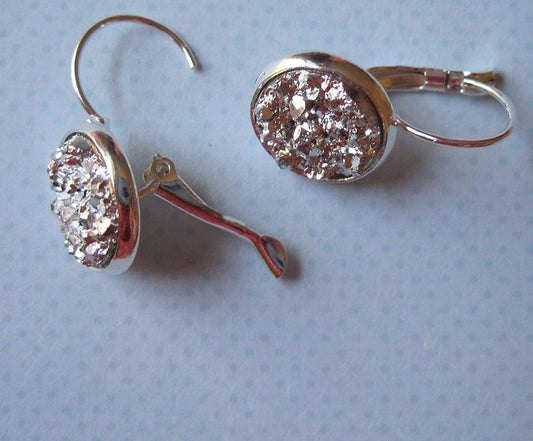 Silver-tone Metallic Faux Druzy Stone Lever-back Drop Earrings 12mm