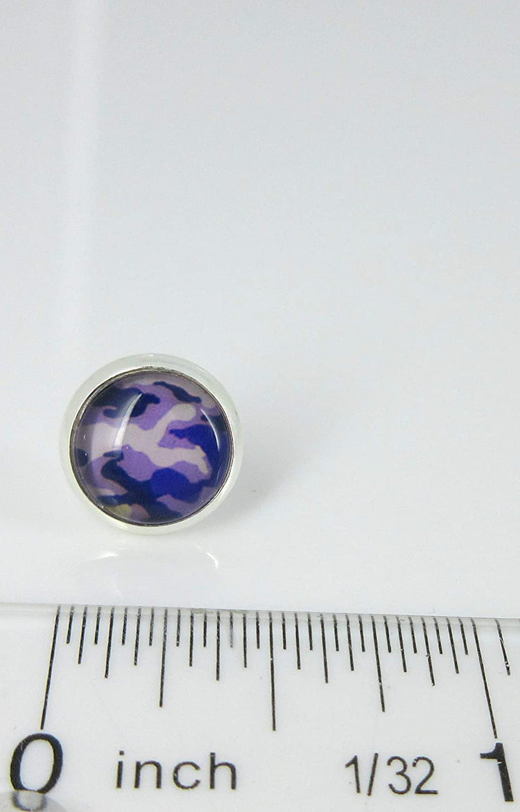 Silver-tone Purple Camo Print Glass Stud Earrings 10mm