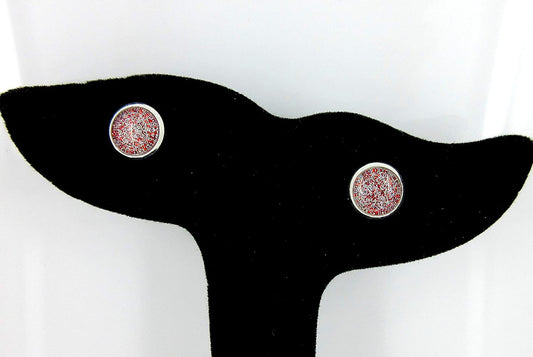 Silver-tone Red and Holographic Glitter Glass Stud Earrings Hand-painted 8mm