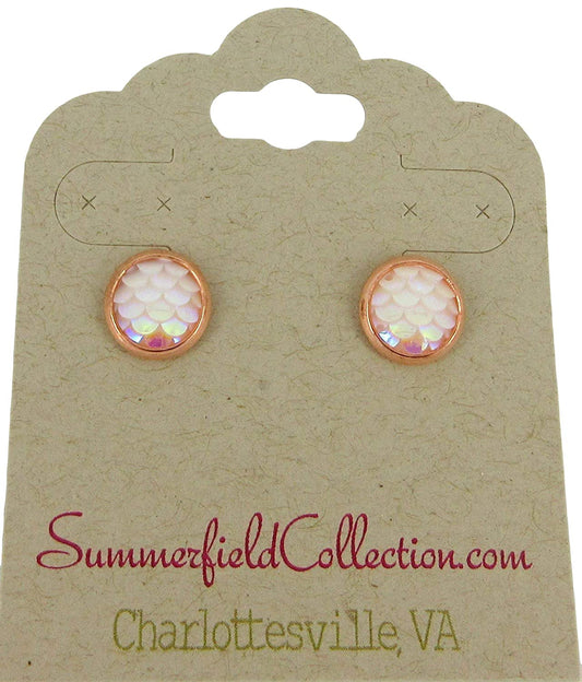 Rose Gold-tone Light Pink White AB Mermaid Scale Stud Earrings Dragon (8mm)